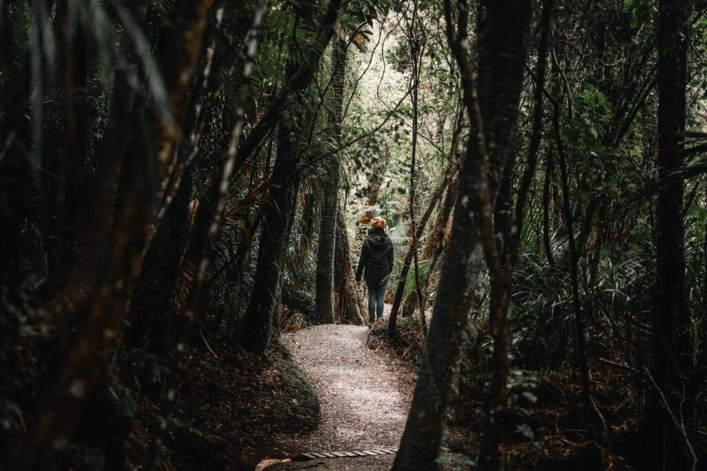 young caucasian girl with brown hat and blue pants walking on the silent and peaceful path that runs